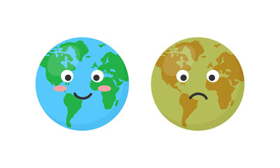 Happy and sad planet Earth isolated on white background. Ecology concept. Flat vector illustration