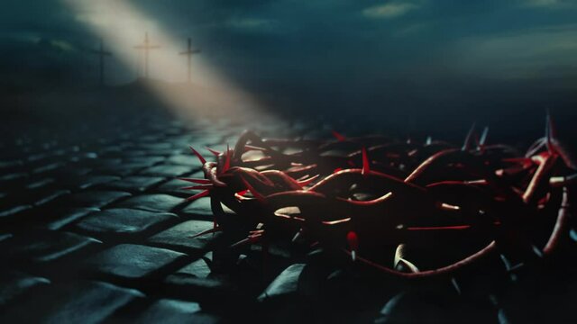 Crown of thorns placed into a courtyard paved with cubic stone illuminated by a ray of Light. The three crosses on Golgotha can be seen in the background. Copy space for text or image.