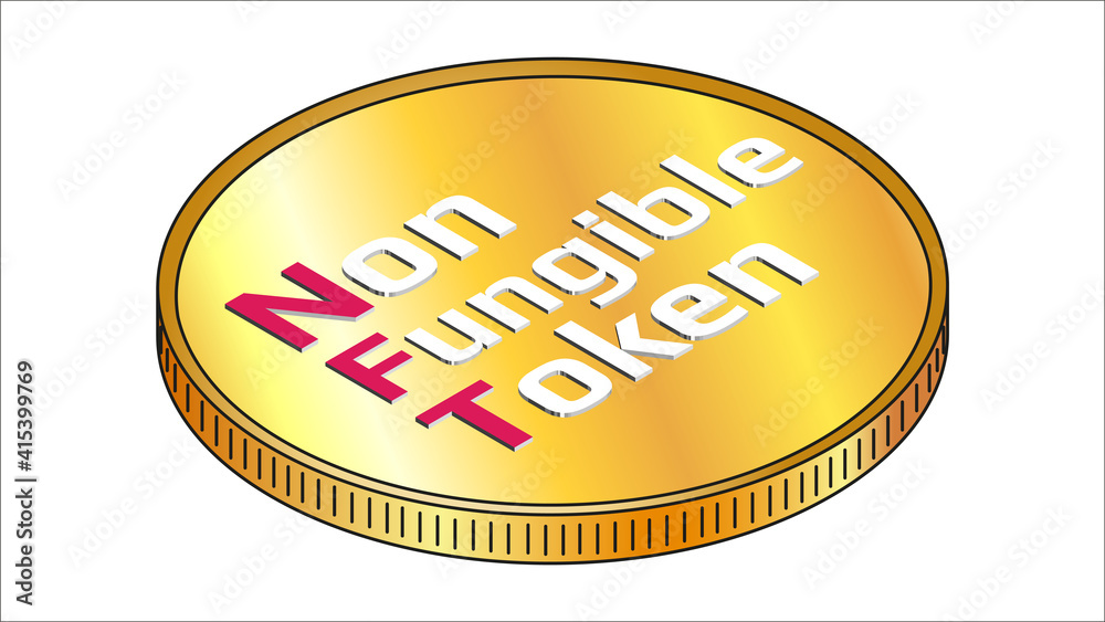 Wall mural nft non fungible token isometric text on golden coin isolated on white. pay for unique collectibles 