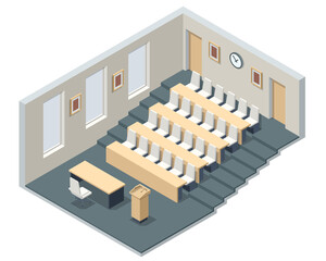 Isometric lecture hall, lecture audience. An empty large lecture room or University classroom with chairs isolated on white.