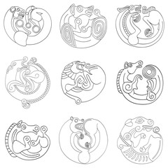 vector monochrome icon set with ancient Scythian art. Plaques with animal motifs for your project