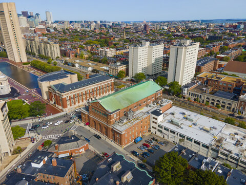 Boston Symphony Hall aerial view at 301 Massachusetts Avenue in Back Bay, Boston, Massachusetts MA, USA. Symphony Hall was built in 1900. 