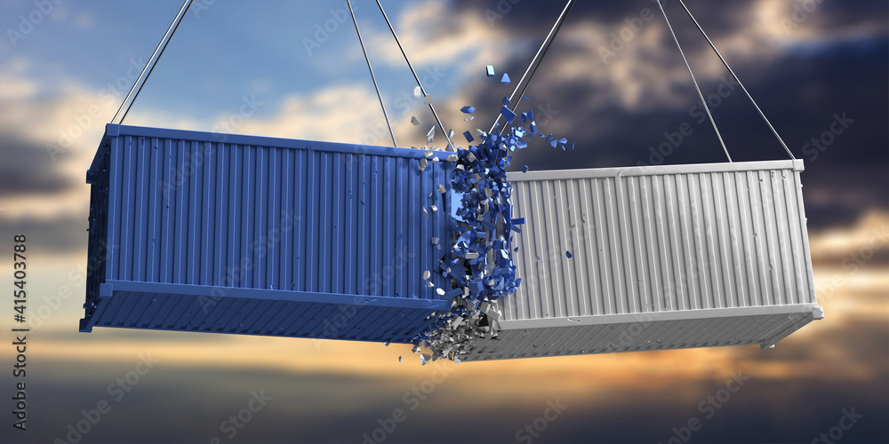 Wall mural Shipping containers crashed on sky at sunset background. 3d illustration