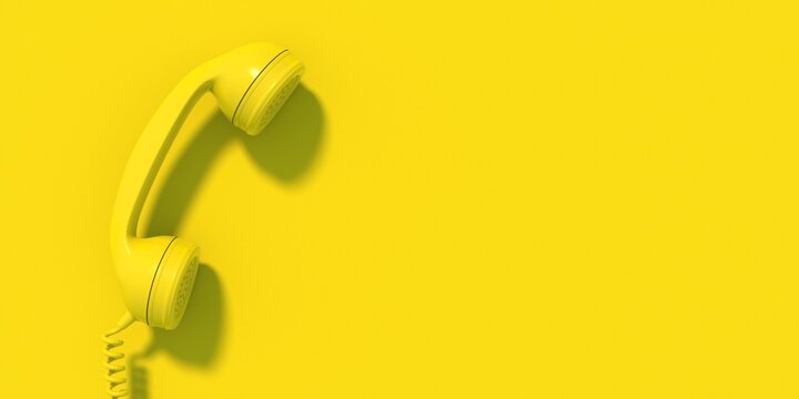 Retro telephone, yellow old phone handset on yellow wall background, copy space. 3d illustration