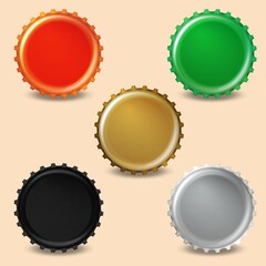 Bottle cap in different colors: black, white (mocap), green, red, gold. For illustration and decoration of banners, printed materials.