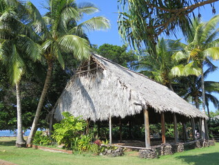 a building with a thatched roof in Lahaina on Maui island, Hawaii, January