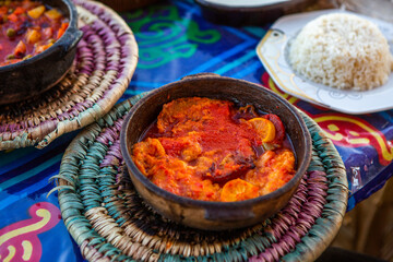 Arabic Cuisine. Traditional Egyptian food. Egyptian oriental dinner meat with red sauce and salad. African food.