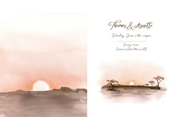 Watercolor landscape: african desert sunrise. Hand painted nature view with Acacia trees. Beautiful safari scene for wedding invitation pre-made card design