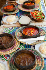 Arabic Cuisine. Traditional Egyptian food. Egyptian oriental dinner meat with red sauce and salad. African food.