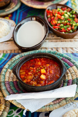 Arabic Cuisine. Traditional Egyptian food. Egyptian oriental dinner meat with red sauce and salad. African food.