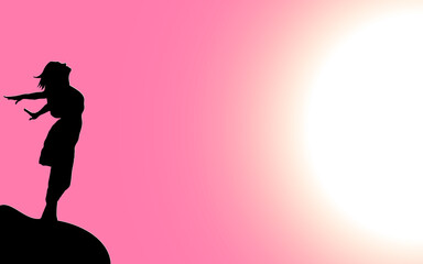 vector illustration of a black silhouette of a beautiful girl with long hair, who stands on the edge of a cliff in a dress with her arms outstretched and her face lifted up, exposing herself