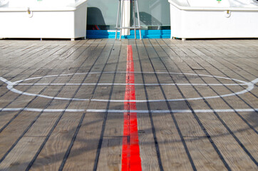 Basketball game court playground on wooden outdoor deck of modern cruiseship or cruise ship liner