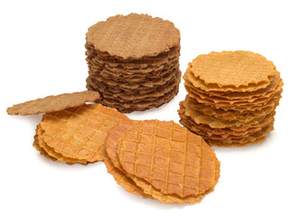 Stack of not sweet crispy wafers with different flavors isolated on white background