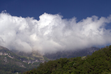 clouds over the mountains,sky, landscape, nature,blue,panorama, green, summer,white, trees