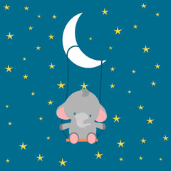 Poster with a little elephant riding a swing at night, kids and baby t-shirts and wear. Elephant bathes in water. Vector illustration.