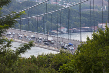 Second bridge in Istanbul is under repair and 4 lanes are closed to traffic for the repair. Fatih Sultan Mehmet (FSM) bridge under repair. Traffic jam in Istanbul.