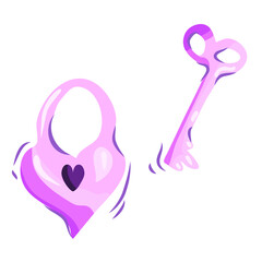Pink lock and key. Vector illustration.