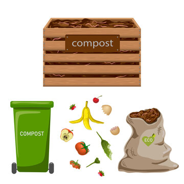 Set Of Garden Composters For Bio Recycling Of Natural Biodegradable Waste, Organic Garbage Like Food Leavings. Illustration. Wooden Compost Box, Plastic Bin, Bag Full Of Fertile Soil With Worms.