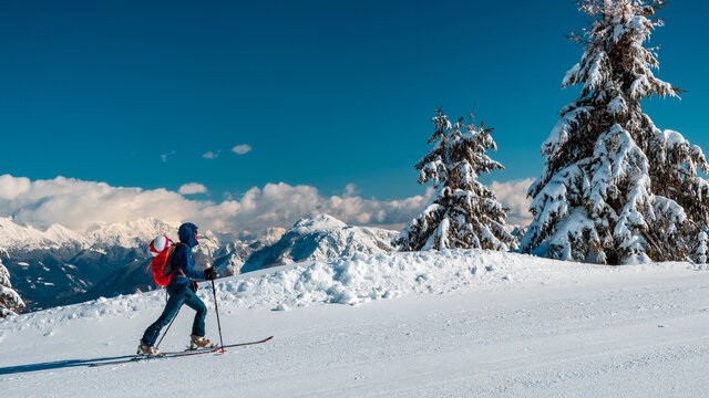 Ski mountaineering in the Mount Zoncolan ski area, Carnic Alps, Friuli-Venezia Giulia, Italy