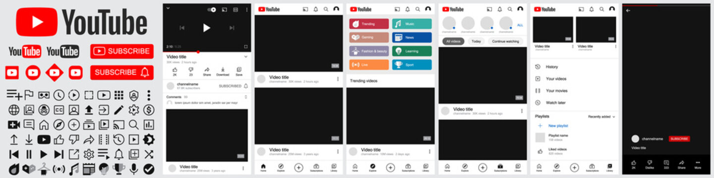 Set Of Youtube Icons And Youtube Template Frame For Social Media