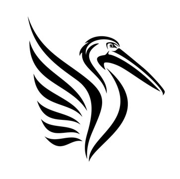 recommend clip art: pelican bird with beautiful stylized wing side view head black and white vector outline