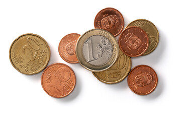 Euro coins isolated on white background closeup. Money concept. Top view, flat lay.