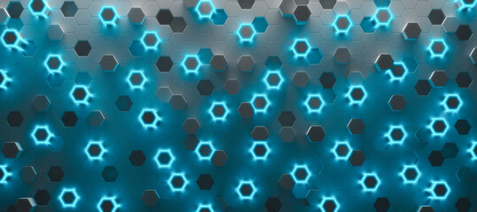 grey hexagons with blue lights, modern futuristic background 3d render 3d illustration