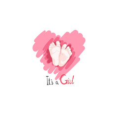 Fototapeta premium Baby invitation for girls with heart. Text It s a girl. Baby design birth vector illustration. Doodle. Vector