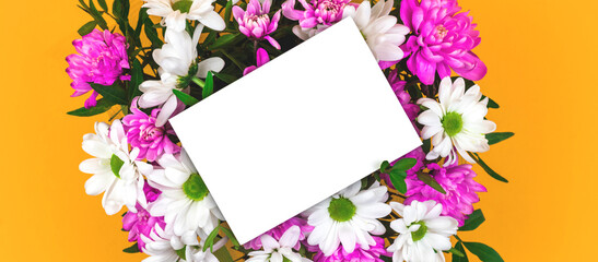 Spring card mockup composition with pink and white flowers with leaves, beautiful bouquet, top view