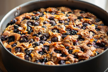 Blueberry pie with almond chips close up.
