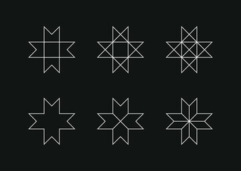 Different versions of octagram shapes and symbols. Geometrical object. Octagram is an eight-angled star polygon commonly used in many different cultures through history and modern times. 