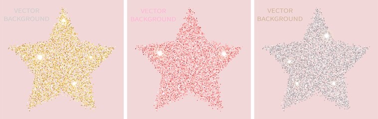 Sparkling glitter star isolated on pink background with space for text. For social media posts, mobile apps, banners design and for web, internet. Glitter style. Vector set.