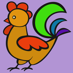 Vector drawing, colored rooster on a lilac background