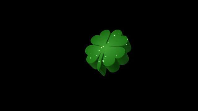 Lucky 4 leaf clover 3d spinning looping animation on black background 
