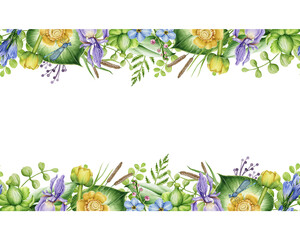 Flower seamless border. Spring floral watercolor illustration. Water lily, iris flowers and herbs in elegant ornament. Hand drawn river blossoms with yellow lily flower in seamless border.
