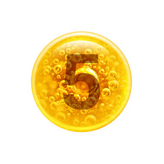 Number 5 in the golden bubble. Vitamins. Bubbles oil inside a large oil bubble isolated on white background