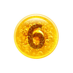 Number 6 in the golden bubble. Vitamins. Bubbles oil inside a large oil bubble isolated on white background