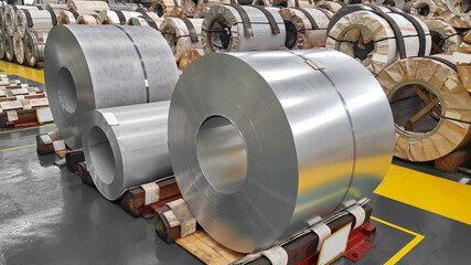 Cold rolled and Hot rolled steel sheet in coil with steel strapping in warehouse storage, Plate metal sheet industry - obrazy, fototapety, plakaty