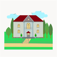 Naklejka premium Villa, homestead with lawn, trees and a fence. Facade with columns and a balcony. Vector graphics, isolated white background. Poster, design for the site, postcard, booklet.