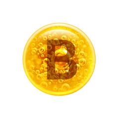 The letter B in the golden bubble. Vitamins. Bubbles oil inside a large oil bubble isolated on white background