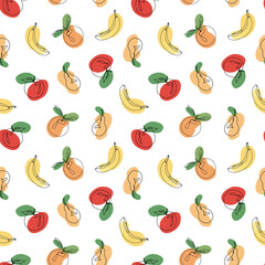 Seamless pattern with fruits on a white background. Apple and orange and pear and banana and tangerine in the style of line art, doodle. Lines and abstract spots. Vector illustration in one line.