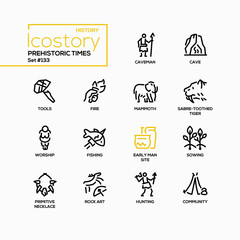 Prehistoric times - line design style icons set