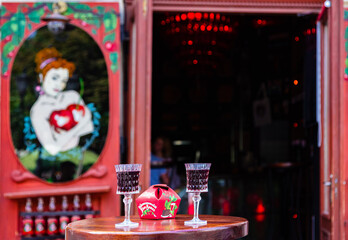  Two wineglasses with cherry wine