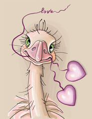 vector illustration on a colored background cheerful ostrich with love