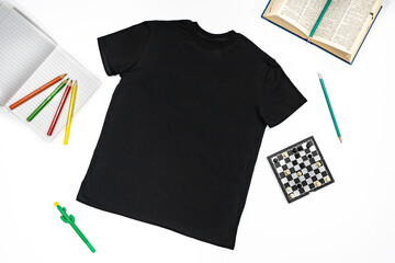 Trendy fashion T-shirt black styled basic clothes and accessories collection on white background....