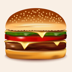 Realistic yummy hamburger vector isolated on light background for icon and design template.