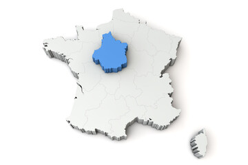 Map of France showing centre-val de loire region. 3D Rendering