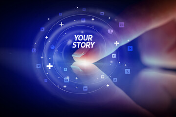 Finger touching tablet with social media icons and YOUR STORY