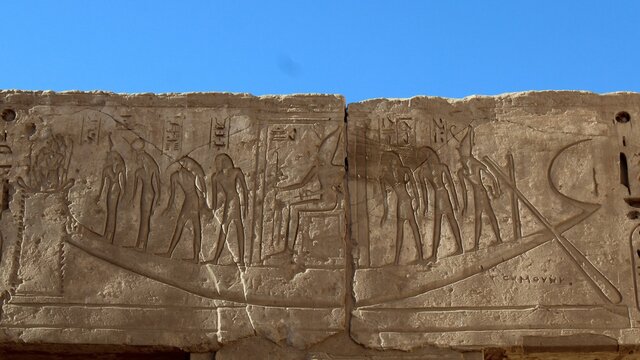 Solar Boat Scene In Habu Temple In Luxor