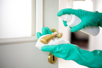 woman cleaning with disinfectant door handle